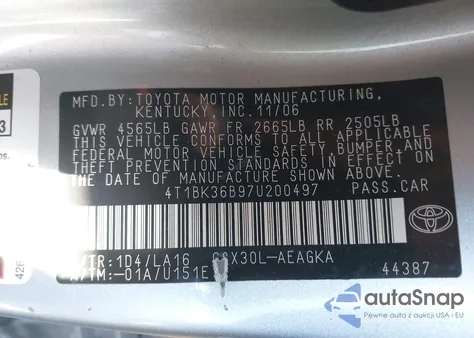 2007 Toyota Avalon Xls from USA, damaged, VIN 4T1BK36B97U200497